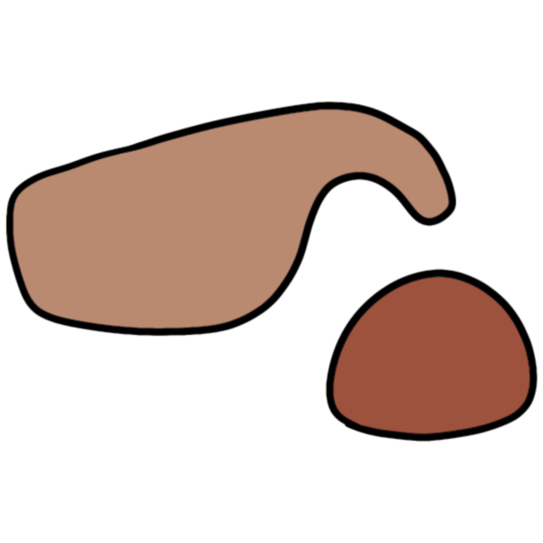 a light orange blob shaped like a hand with a finger crooked downwards hovers above a dark orange lump.